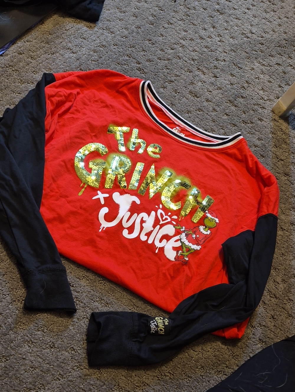 Justice Red & Black "The Grinch" Sequin Sleeve Sweatshirt